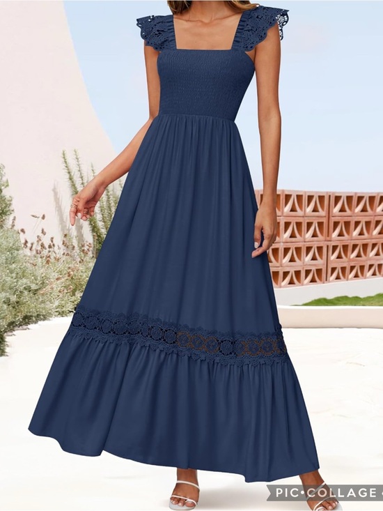 Funlingo Dresses & Skirts - NWT! Funlingo Deep Blue Lacey Cap Sleeve Smocked Crochet Inset Tiered Maxi Dress